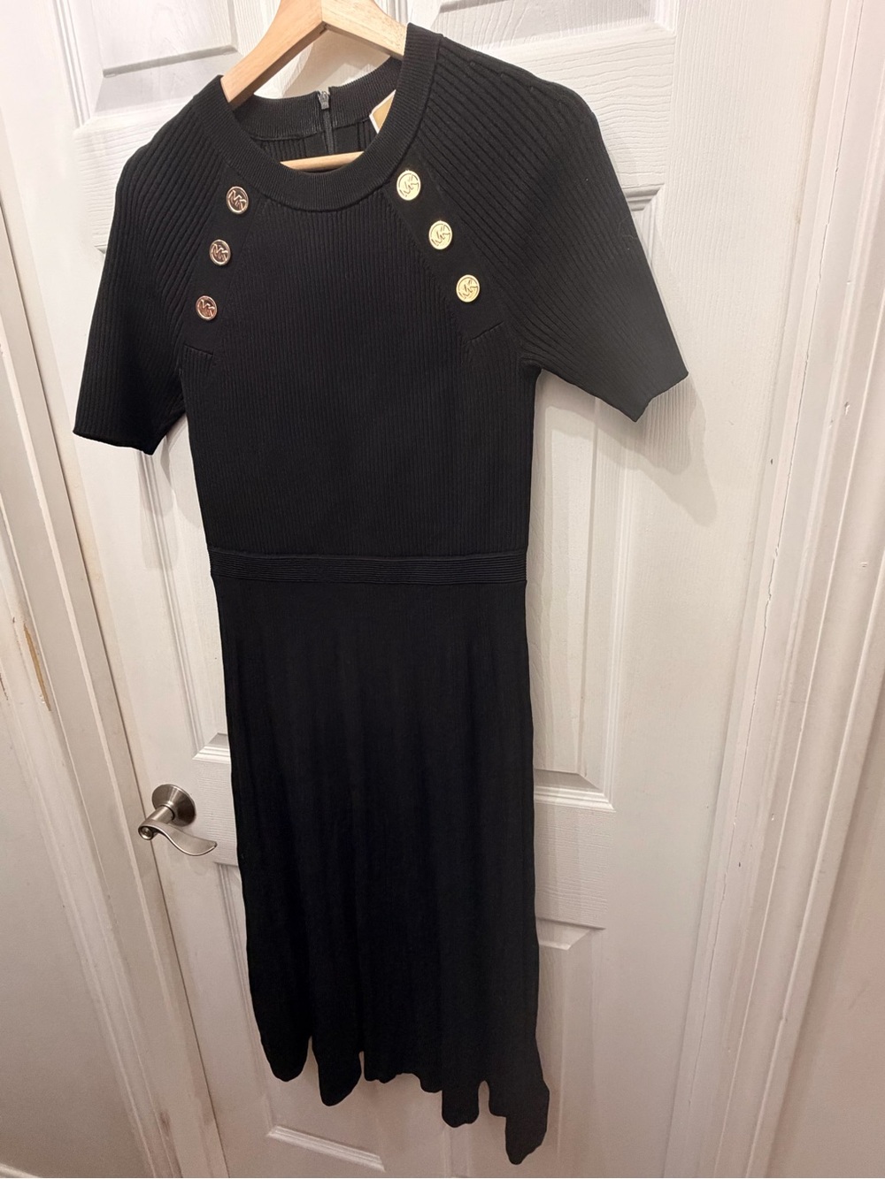 Michael Kors Black Short-Sleeve Midi Dress with Gold Buttons